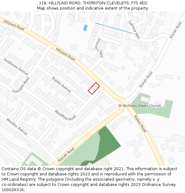 118, HILLYLAID ROAD, THORNTON-CLEVELEYS, FY5 4ED: Location map and indicative extent of plot