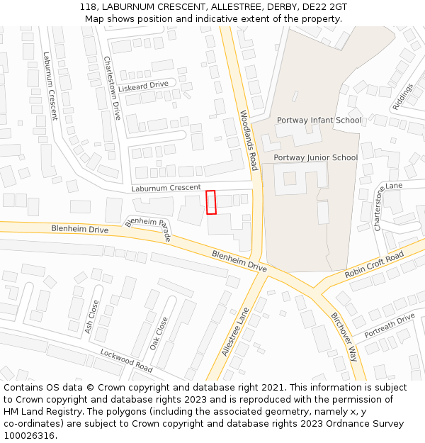 118, LABURNUM CRESCENT, ALLESTREE, DERBY, DE22 2GT: Location map and indicative extent of plot