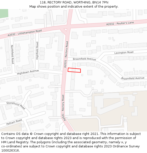 118, RECTORY ROAD, WORTHING, BN14 7PN: Location map and indicative extent of plot