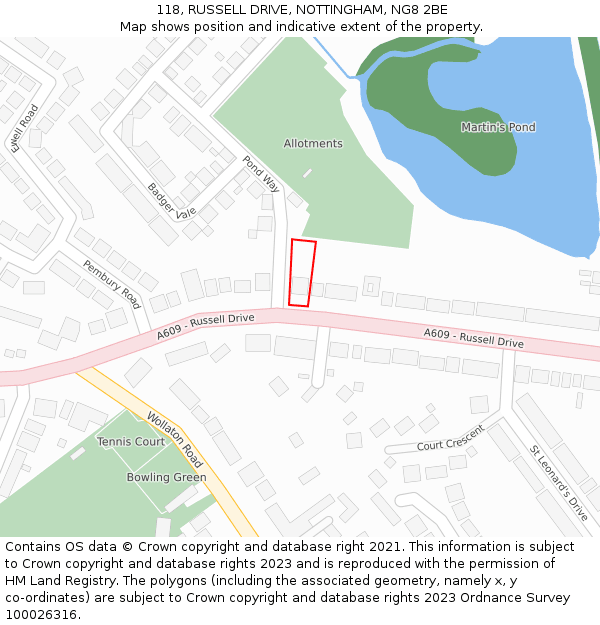 118, RUSSELL DRIVE, NOTTINGHAM, NG8 2BE: Location map and indicative extent of plot
