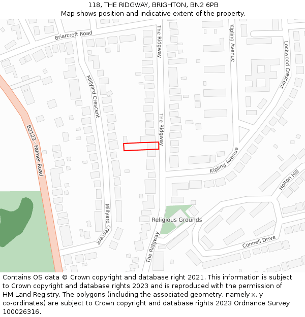 118, THE RIDGWAY, BRIGHTON, BN2 6PB: Location map and indicative extent of plot