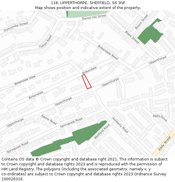 118, UPPERTHORPE, SHEFFIELD, S6 3NF: Location map and indicative extent of plot