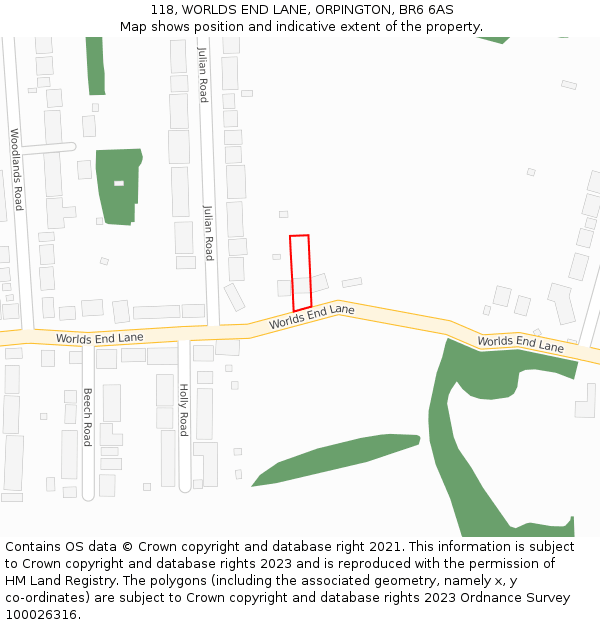 118, WORLDS END LANE, ORPINGTON, BR6 6AS: Location map and indicative extent of plot