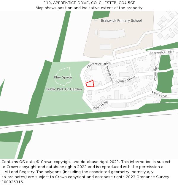 119, APPRENTICE DRIVE, COLCHESTER, CO4 5SE: Location map and indicative extent of plot