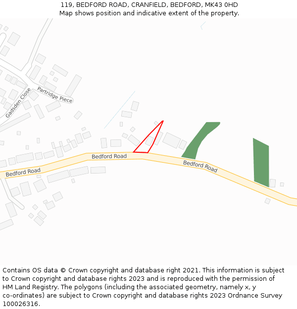 119, BEDFORD ROAD, CRANFIELD, BEDFORD, MK43 0HD: Location map and indicative extent of plot