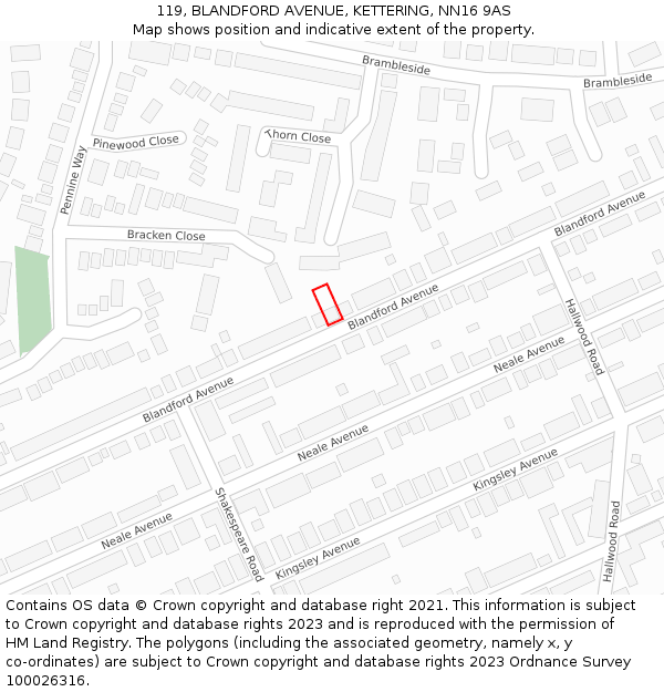 119, BLANDFORD AVENUE, KETTERING, NN16 9AS: Location map and indicative extent of plot