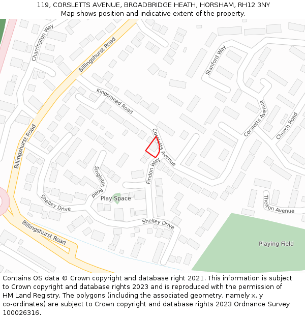 119, CORSLETTS AVENUE, BROADBRIDGE HEATH, HORSHAM, RH12 3NY: Location map and indicative extent of plot