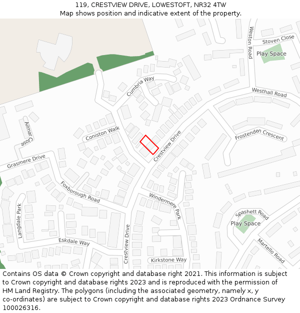119, CRESTVIEW DRIVE, LOWESTOFT, NR32 4TW: Location map and indicative extent of plot