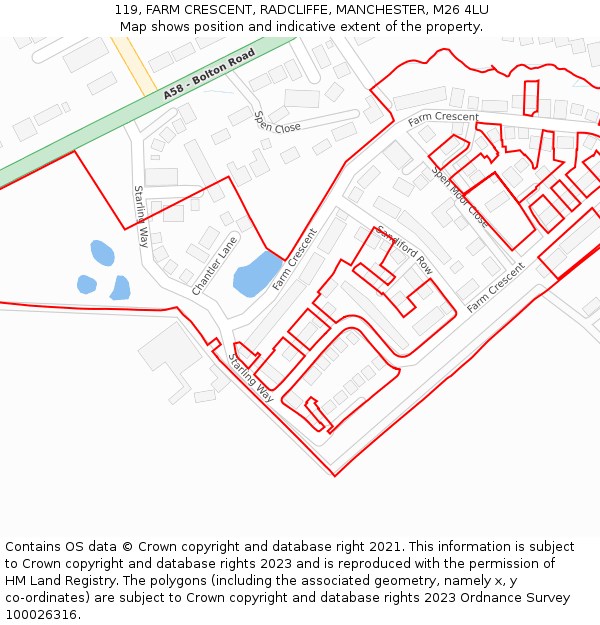 119, FARM CRESCENT, RADCLIFFE, MANCHESTER, M26 4LU: Location map and indicative extent of plot