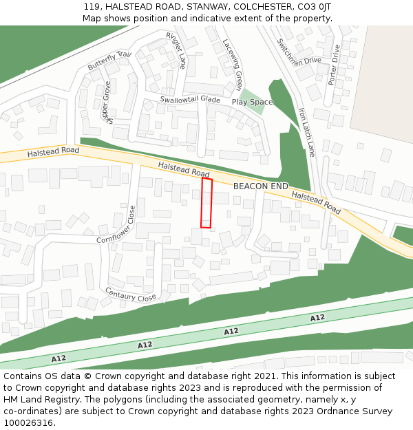 119, HALSTEAD ROAD, STANWAY, COLCHESTER, CO3 0JT: Location map and indicative extent of plot
