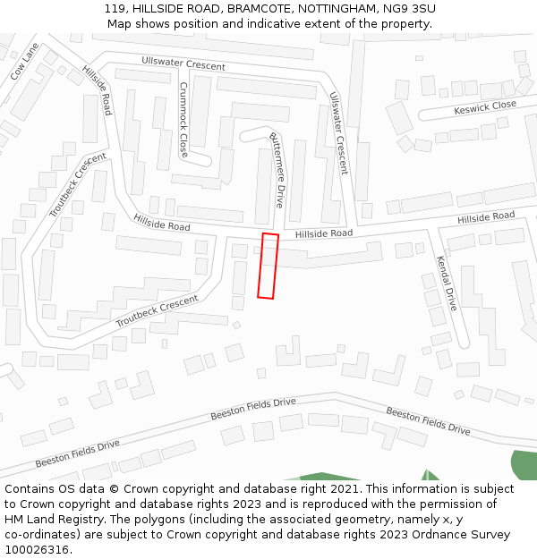 119, HILLSIDE ROAD, BRAMCOTE, NOTTINGHAM, NG9 3SU: Location map and indicative extent of plot