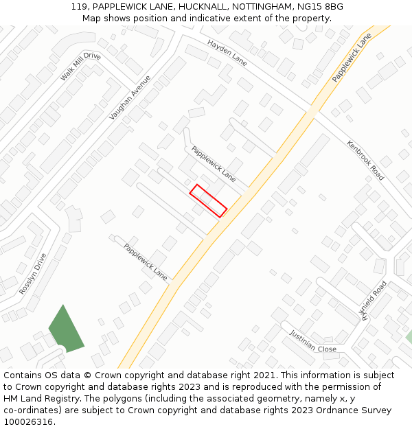 119, PAPPLEWICK LANE, HUCKNALL, NOTTINGHAM, NG15 8BG: Location map and indicative extent of plot