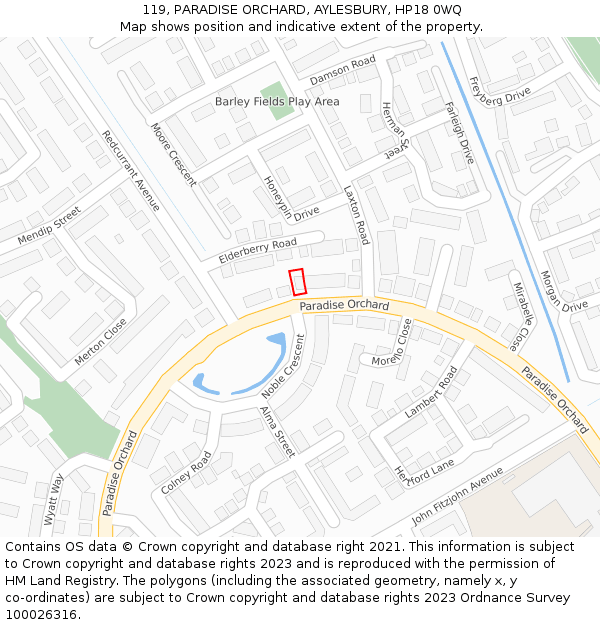 119, PARADISE ORCHARD, AYLESBURY, HP18 0WQ: Location map and indicative extent of plot