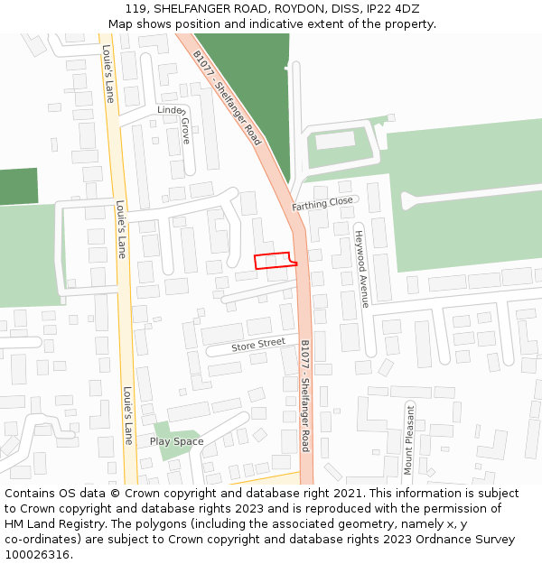 119, SHELFANGER ROAD, ROYDON, DISS, IP22 4DZ: Location map and indicative extent of plot