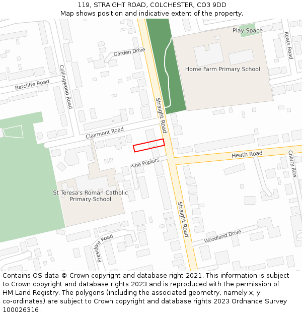 119, STRAIGHT ROAD, COLCHESTER, CO3 9DD: Location map and indicative extent of plot