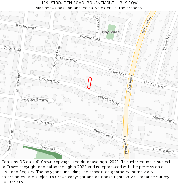 119, STROUDEN ROAD, BOURNEMOUTH, BH9 1QW: Location map and indicative extent of plot