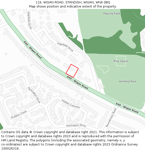 119, WIGAN ROAD, STANDISH, WIGAN, WN6 0BQ: Location map and indicative extent of plot