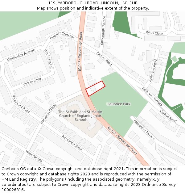 119, YARBOROUGH ROAD, LINCOLN, LN1 1HR: Location map and indicative extent of plot