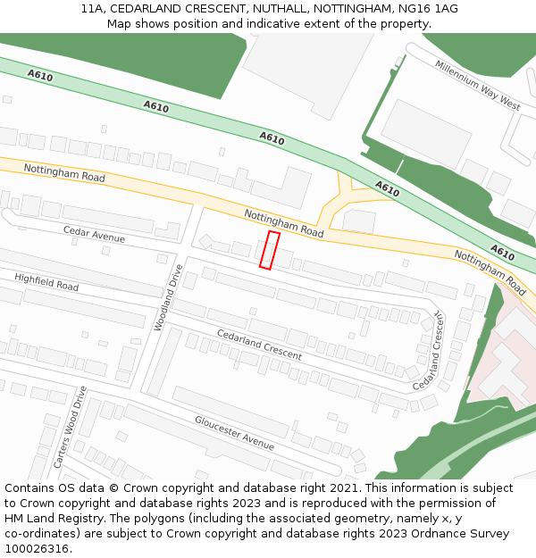 11A, CEDARLAND CRESCENT, NUTHALL, NOTTINGHAM, NG16 1AG: Location map and indicative extent of plot