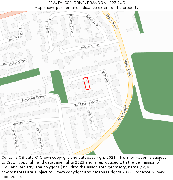 11A, FALCON DRIVE, BRANDON, IP27 0UD: Location map and indicative extent of plot
