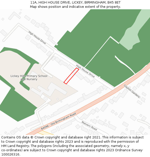 11A, HIGH HOUSE DRIVE, LICKEY, BIRMINGHAM, B45 8ET: Location map and indicative extent of plot