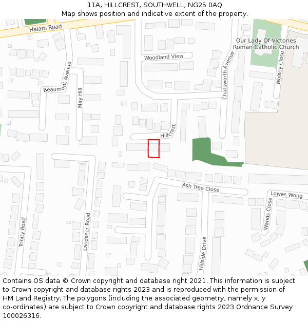 11A, HILLCREST, SOUTHWELL, NG25 0AQ: Location map and indicative extent of plot
