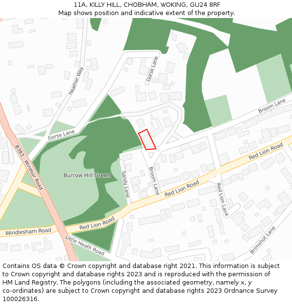 11A, KILLY HILL, CHOBHAM, WOKING, GU24 8RF: Location map and indicative extent of plot