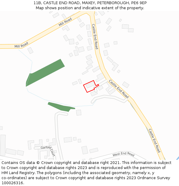 11B, CASTLE END ROAD, MAXEY, PETERBOROUGH, PE6 9EP: Location map and indicative extent of plot
