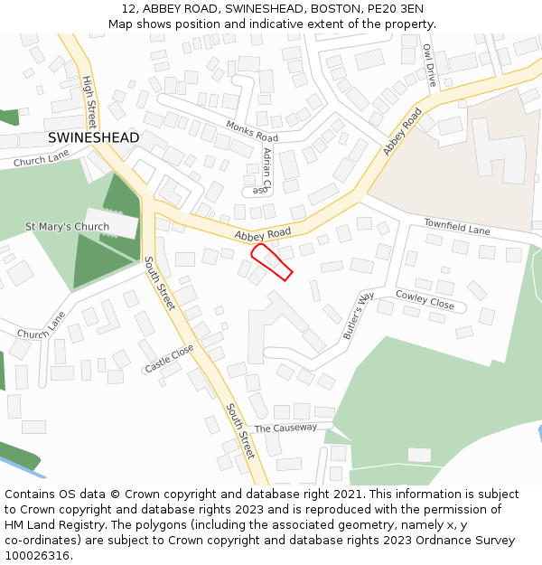12, ABBEY ROAD, SWINESHEAD, BOSTON, PE20 3EN: Location map and indicative extent of plot