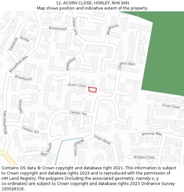 12, ACORN CLOSE, HORLEY, RH6 9XN: Location map and indicative extent of plot