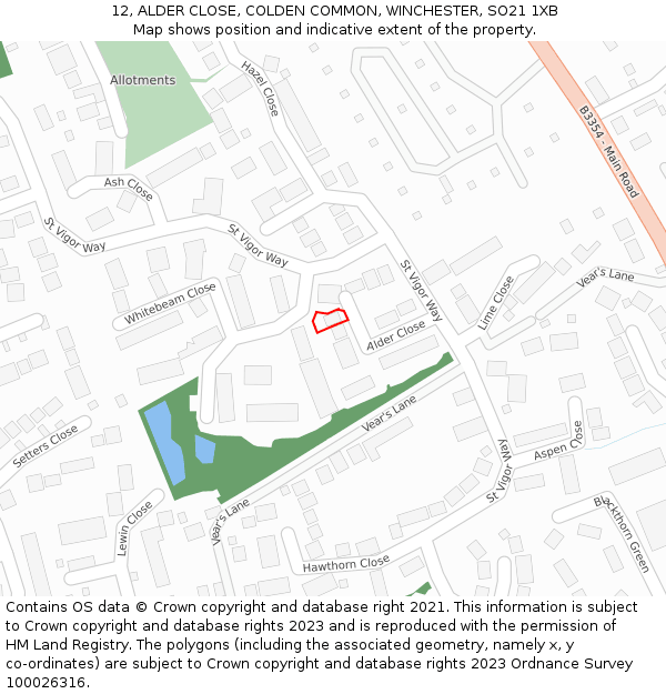 12, ALDER CLOSE, COLDEN COMMON, WINCHESTER, SO21 1XB: Location map and indicative extent of plot