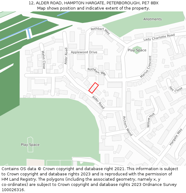 12, ALDER ROAD, HAMPTON HARGATE, PETERBOROUGH, PE7 8BX: Location map and indicative extent of plot