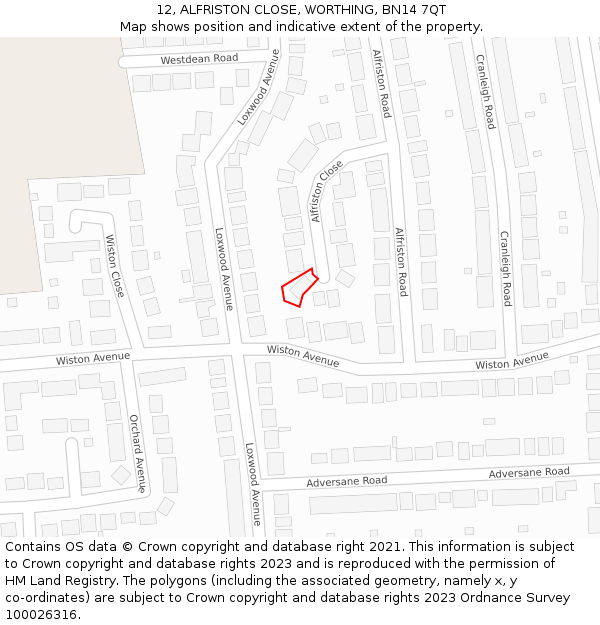 12, ALFRISTON CLOSE, WORTHING, BN14 7QT: Location map and indicative extent of plot