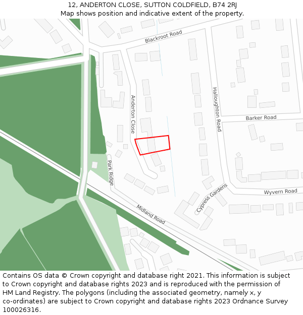 12, ANDERTON CLOSE, SUTTON COLDFIELD, B74 2RJ: Location map and indicative extent of plot