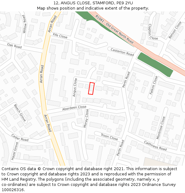 12, ANGUS CLOSE, STAMFORD, PE9 2YU: Location map and indicative extent of plot