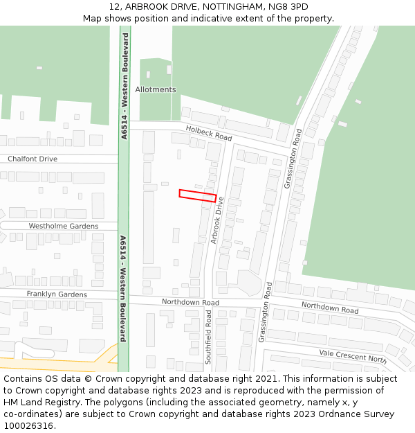 12, ARBROOK DRIVE, NOTTINGHAM, NG8 3PD: Location map and indicative extent of plot