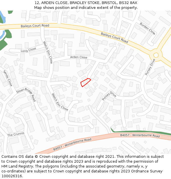 12, ARDEN CLOSE, BRADLEY STOKE, BRISTOL, BS32 8AX: Location map and indicative extent of plot