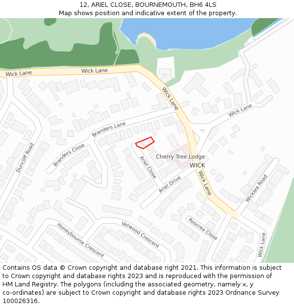 12, ARIEL CLOSE, BOURNEMOUTH, BH6 4LS: Location map and indicative extent of plot