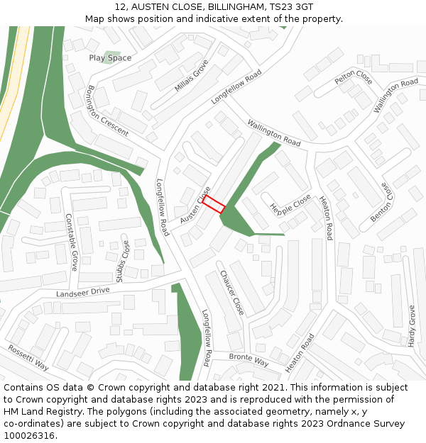 12, AUSTEN CLOSE, BILLINGHAM, TS23 3GT: Location map and indicative extent of plot