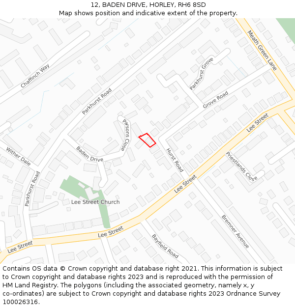12, BADEN DRIVE, HORLEY, RH6 8SD: Location map and indicative extent of plot