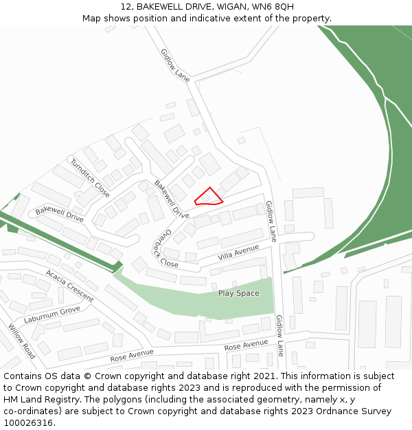 12, BAKEWELL DRIVE, WIGAN, WN6 8QH: Location map and indicative extent of plot