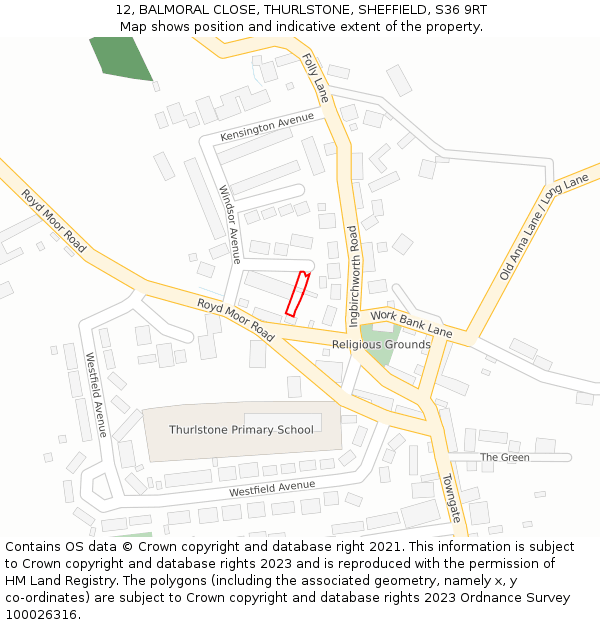 12, BALMORAL CLOSE, THURLSTONE, SHEFFIELD, S36 9RT: Location map and indicative extent of plot