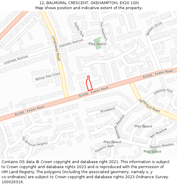 12, BALMORAL CRESCENT, OKEHAMPTON, EX20 1GN: Location map and indicative extent of plot
