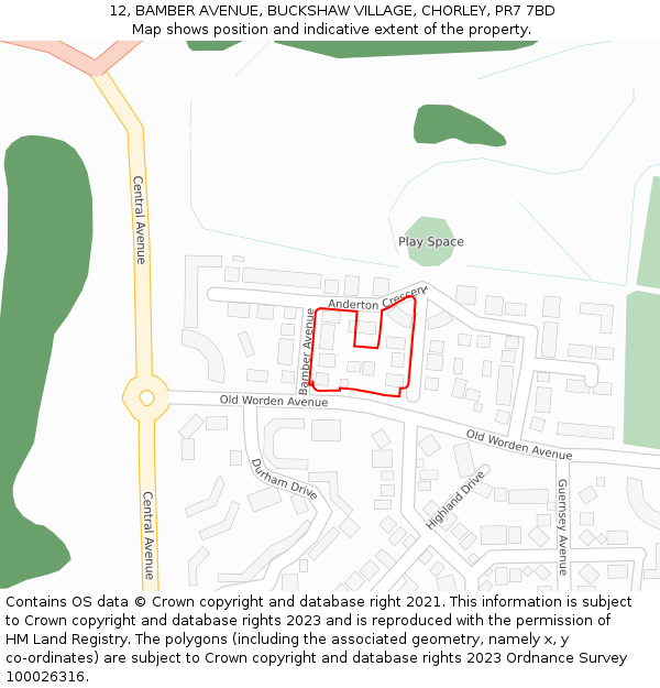 12, BAMBER AVENUE, BUCKSHAW VILLAGE, CHORLEY, PR7 7BD: Location map and indicative extent of plot