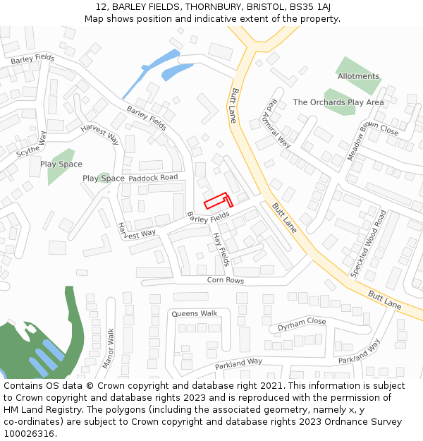 12, BARLEY FIELDS, THORNBURY, BRISTOL, BS35 1AJ: Location map and indicative extent of plot