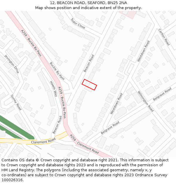 12, BEACON ROAD, SEAFORD, BN25 2NA: Location map and indicative extent of plot