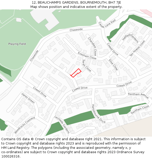 12, BEAUCHAMPS GARDENS, BOURNEMOUTH, BH7 7JE: Location map and indicative extent of plot