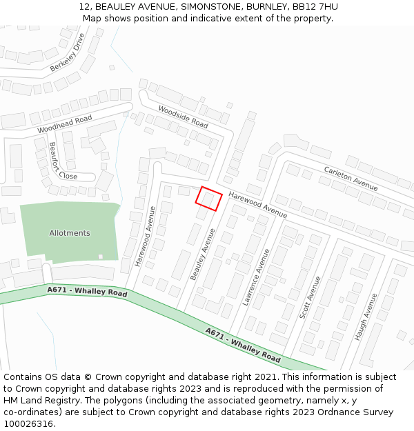 12, BEAULEY AVENUE, SIMONSTONE, BURNLEY, BB12 7HU: Location map and indicative extent of plot