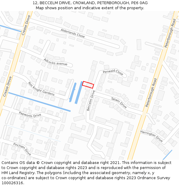 12, BECCELM DRIVE, CROWLAND, PETERBOROUGH, PE6 0AG: Location map and indicative extent of plot