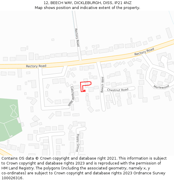 12, BEECH WAY, DICKLEBURGH, DISS, IP21 4NZ: Location map and indicative extent of plot